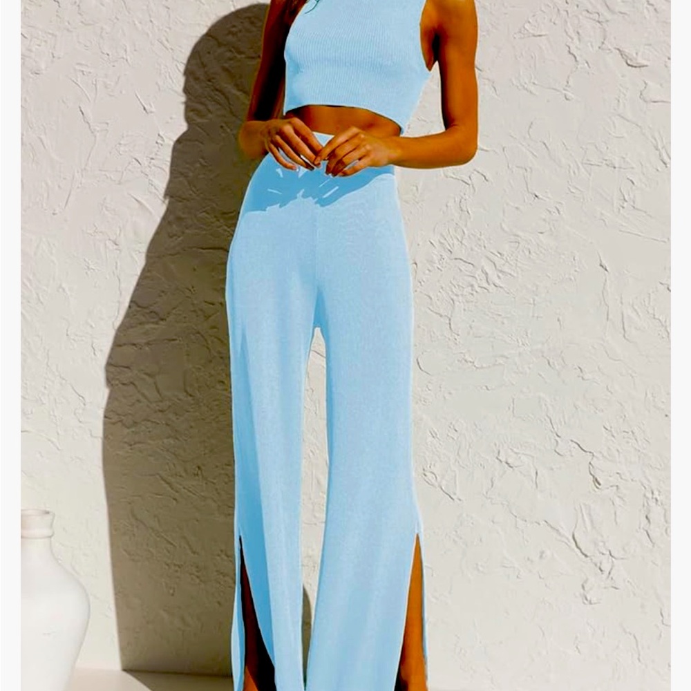 Two piece blue pants set.